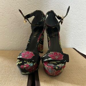 Guess Black Platform Floral Embroidered Block Heels